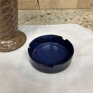 Vintage MCM Art Pottery Cobalt Blue Ashtray Artist Signed